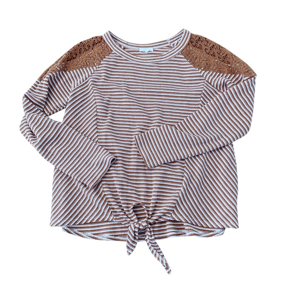 MAURICES | Size Large Striped Tie Front Top with Lace Shoulder Detail